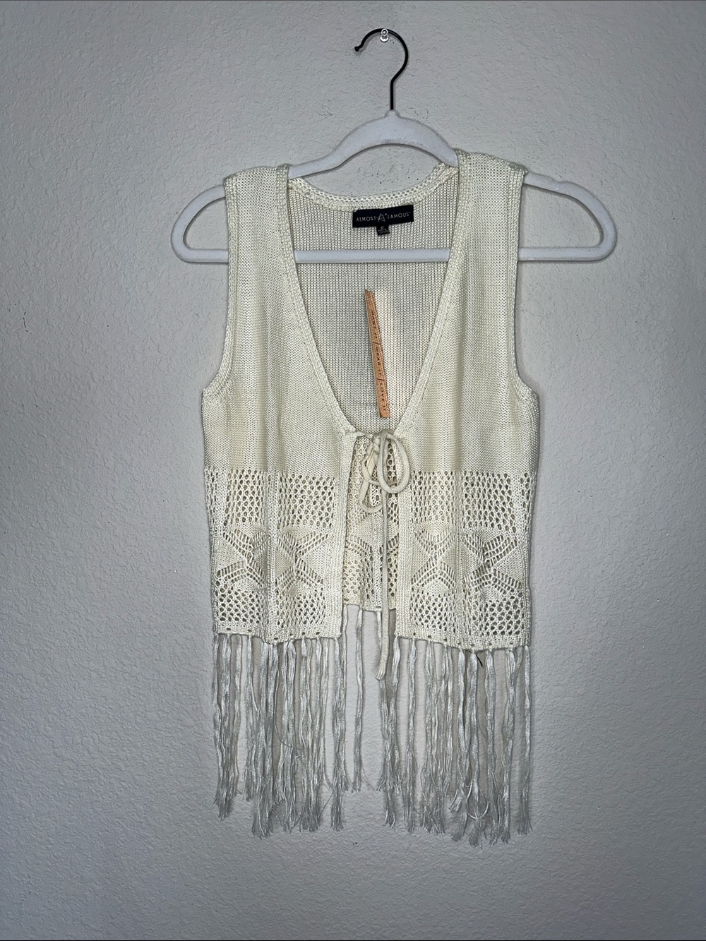Almost Famous Ivory Crochet Fringe‎ Vest